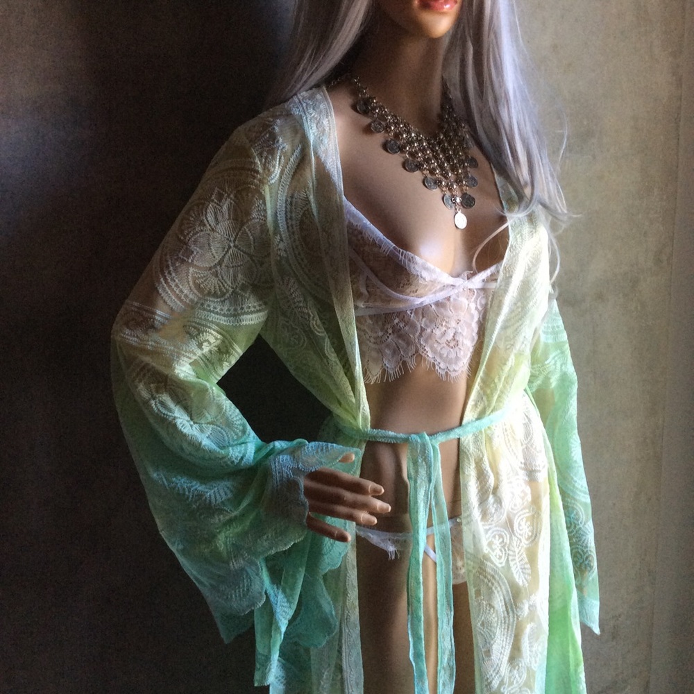 🌸 KIMONO ROBE CARDIGAN BELL SLEEVE OMBRE GREEN GYPSY BOHO CHIC BOHEMIAN FLARE - Picture 2 of 8